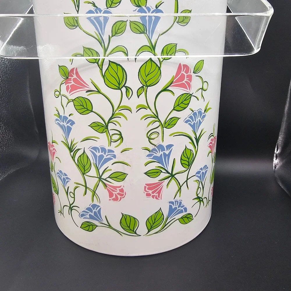 Vintage 1960s Ice Bucket White‎ Enamel Floral Lucite Handle MCM Barware